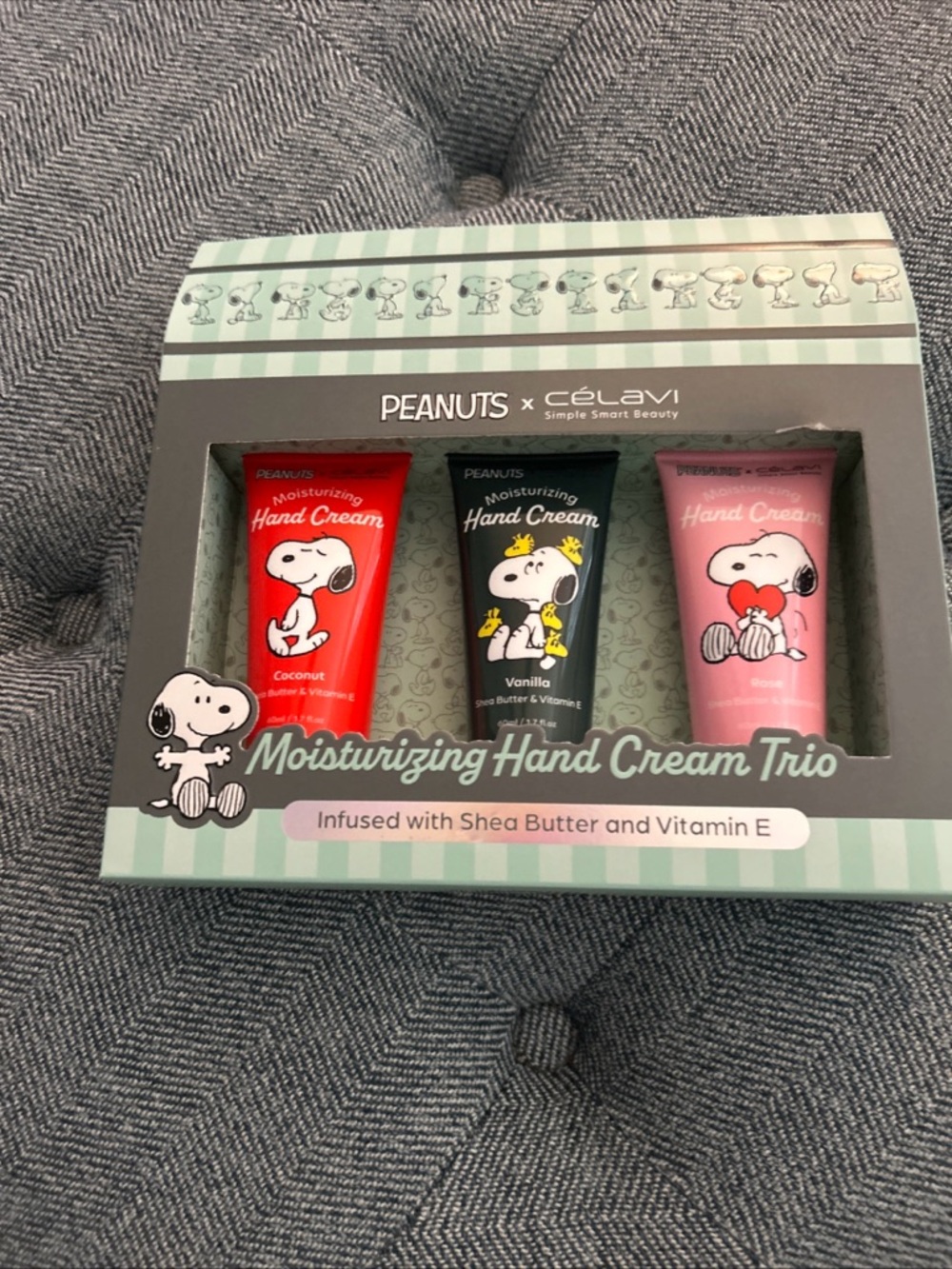 Peanuts Celavi- Moisturizing Hand Cream Trio- Coconut, Vanilla, Rose